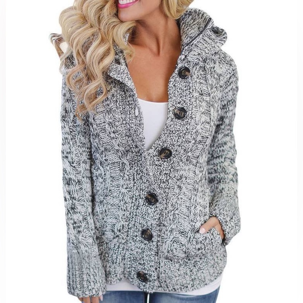 Asvivid Womens Button Cable Fleece Hooded Sweater